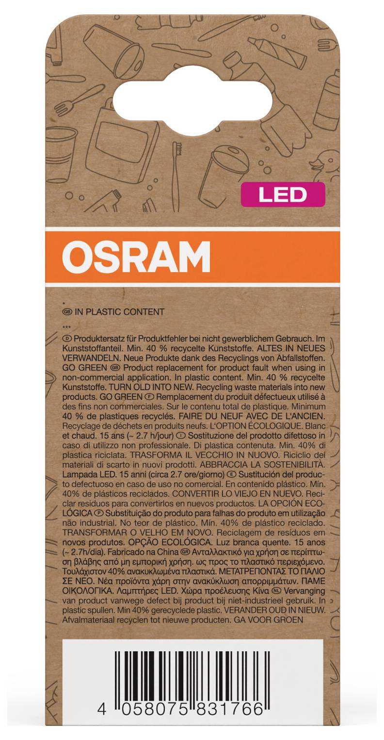 OSRAM LED-lamp in bruine gerecycled-stijlverpakking met oranje band, productinformatietekst en streepjescode onderaan.