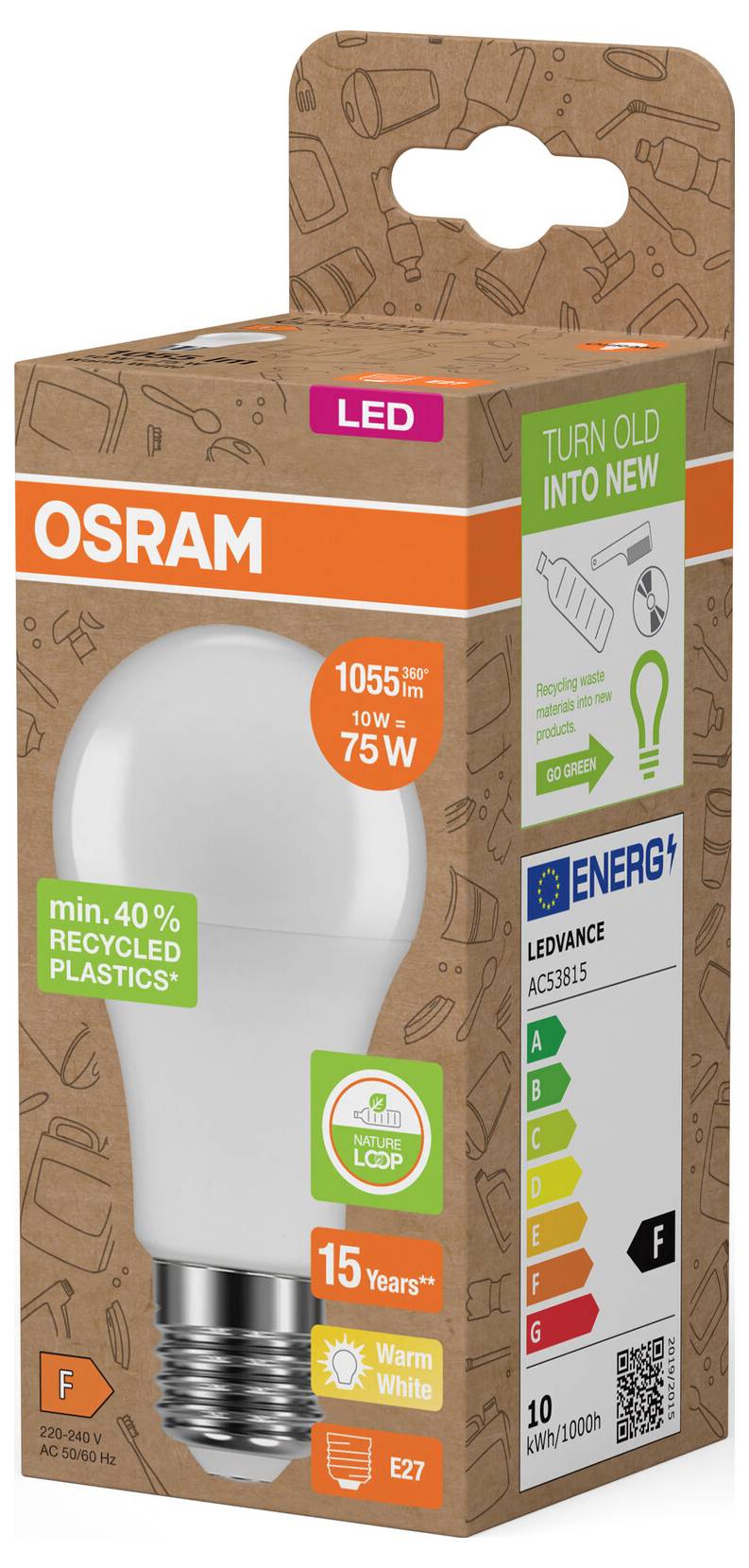 OSRAM LED-gloeilamp doos met 10W, 75W equivalent, warm wit E27, 15 jaar levensduur en energielabel met klasse F.