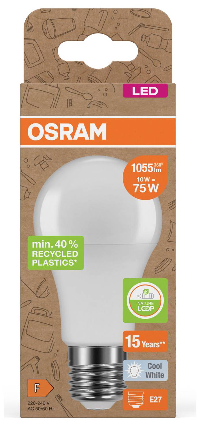 Verpakking voor een OSRAM LED-lamp, met een 10W lamp gelijkwaardig aan 75W, 1055 lm, E27-voet, koel wit, en 'min. 40% gerecycleerd plastic'.