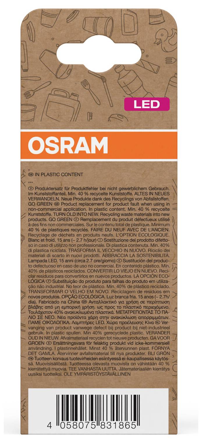 OSRAM LED-productenverpakking in bruine karton met oranje branding, uitgestanste handgreep en streepjescode onderaan.