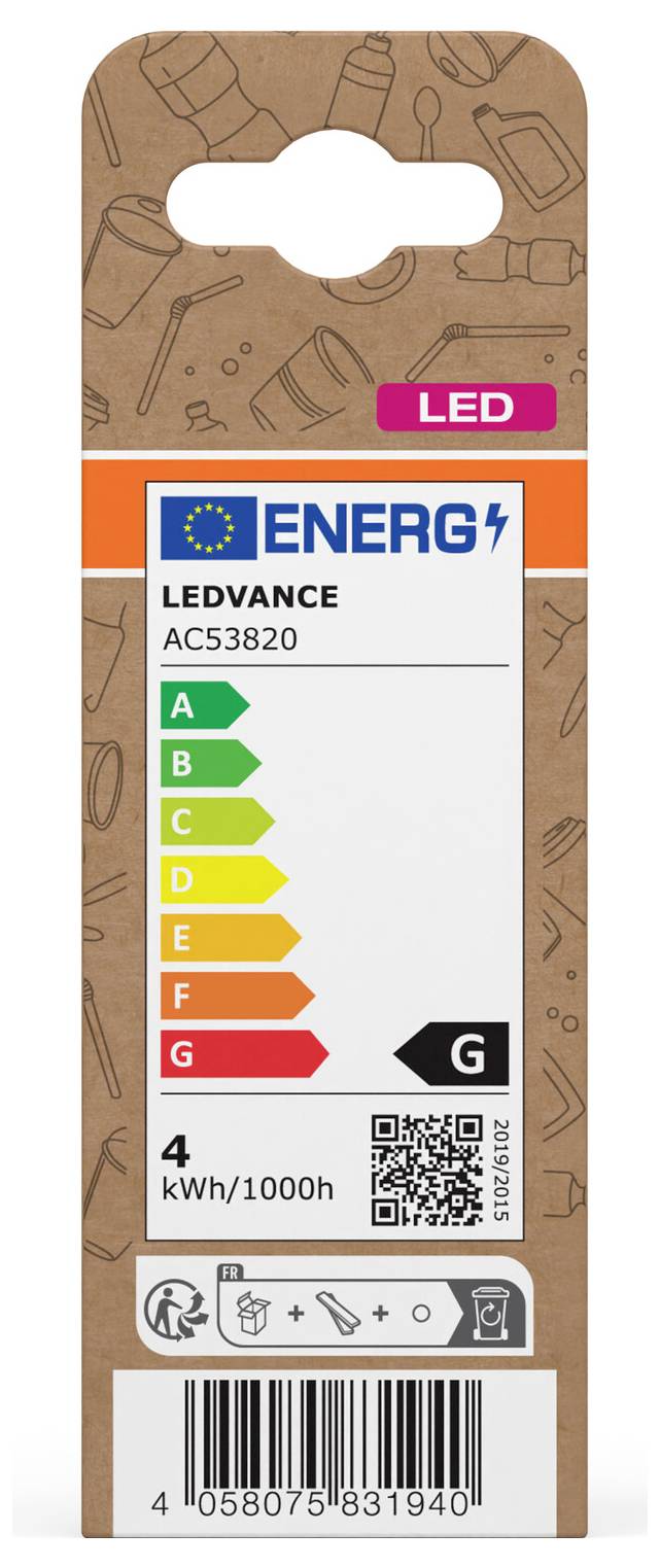 LEDVANCE LED-lamp verpakkingsetiket met energieefficiëntieklasse G, 4 kWh/1000u en een QR-code/streepjescode op een kartonnen doos.