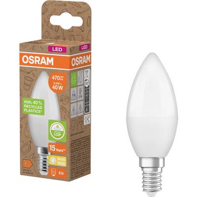 OSRAM LED kaarslamp in verpakking, 4,9W, 470 lm, warm wit, E14-fitting, 40W equivalent, garantie van 15 jaar.