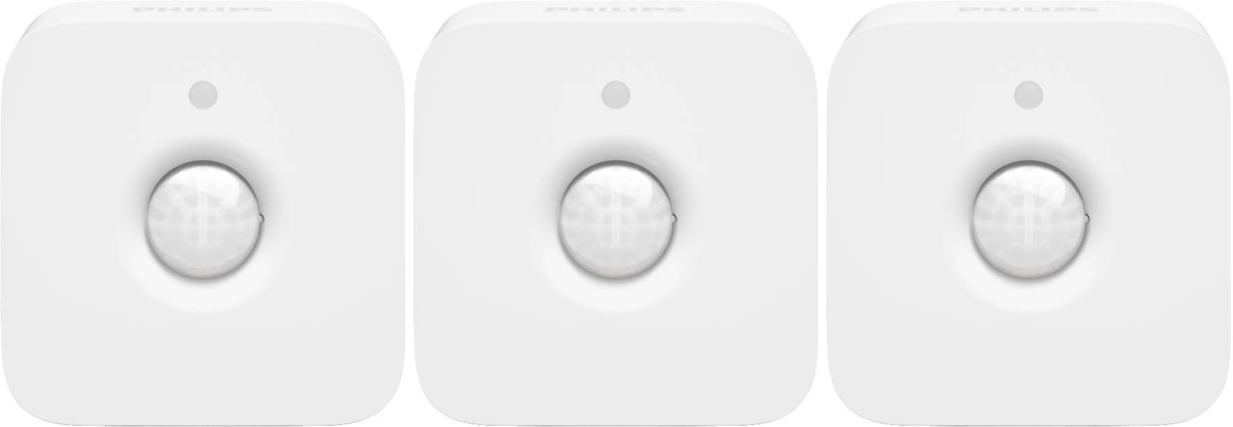 Drie witte bewegingssensoren in rechthoekige vorm, naast elkaar geplaatst. Elke sensor heeft in het midden een bolronde lens.