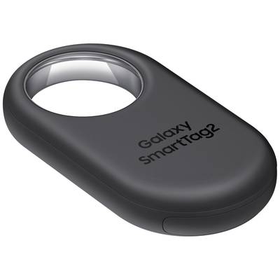 Zwarte Galaxy SmartTag 2 met een rond gat bovenaan, waarop 'Galaxy SmartTag2' staat.