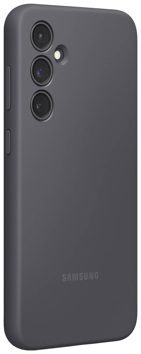 Een zwarte smartphone van achteren, met drie cameralenzen en een flitser in verticale opstelling. Rechts staat het Samsung-logo.