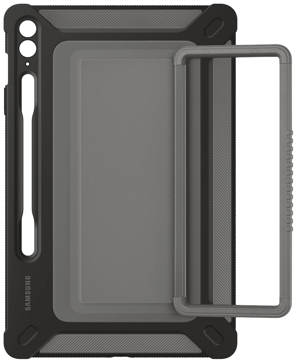 Beschermhoes voor een tablet met geïntegreerde penhouder. Hij is stevig gebouwd, zwart en grijs gekleurd en biedt zijdelingse bescherming.