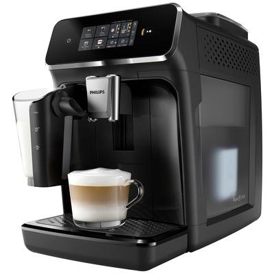 Moderne zwarte koffiemachine met touchscreen-display, maakt een kopje cappuccino klaar, ziet er elegant en functioneel uit.