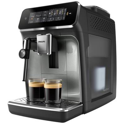 Koffiemachine met digitaal display, twee espresso's bereidend. Zwart, modern design. Merknaam op de voorzijde.