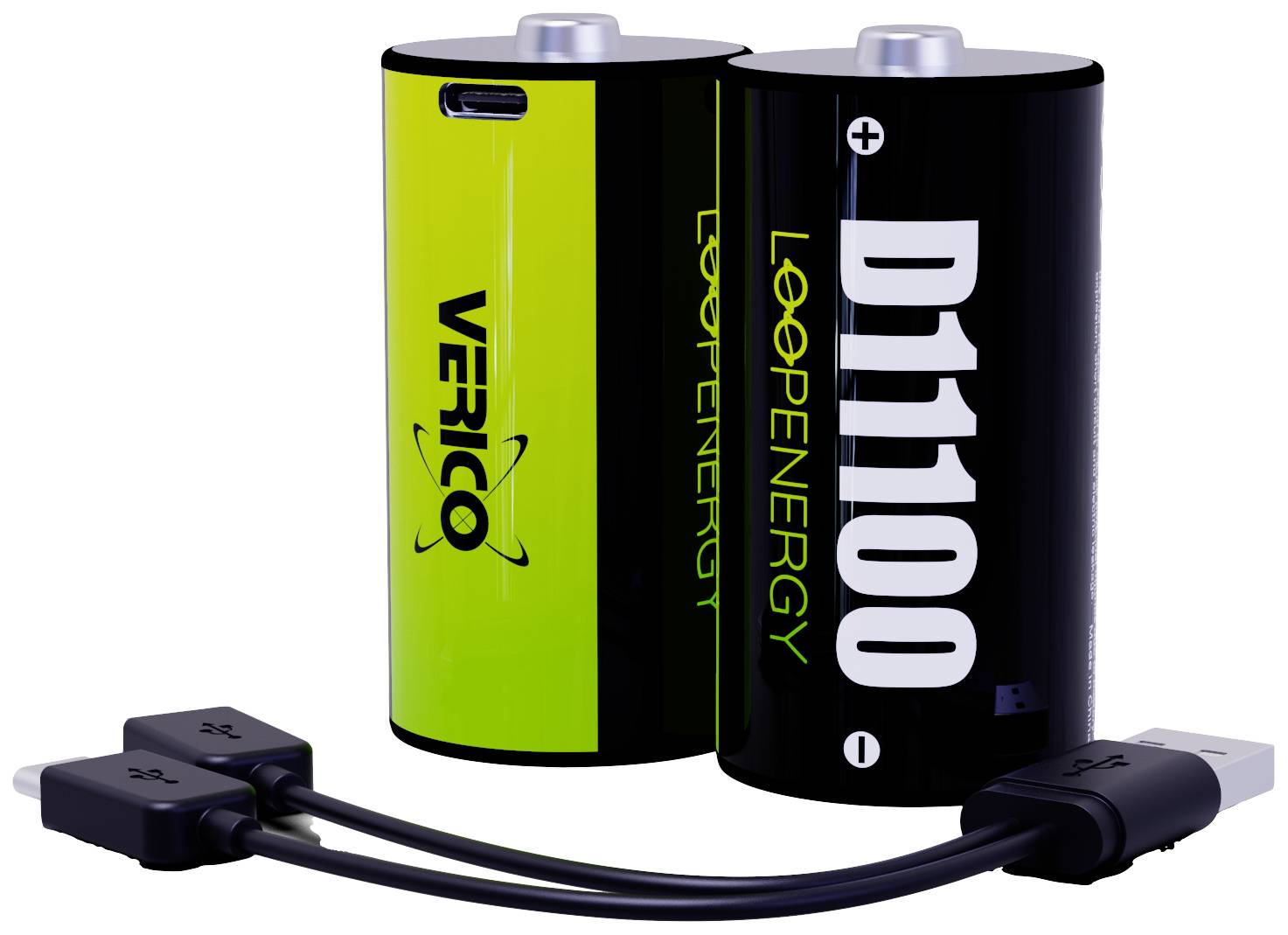 Twee oplaadbare batterijen met USB-poorten aan de bovenkant, gemerkt met 'Verico' en 'D11100 Loopenergy', liggen naast elkaar. Een kort USB-kabel is vooraan zichtbaar.