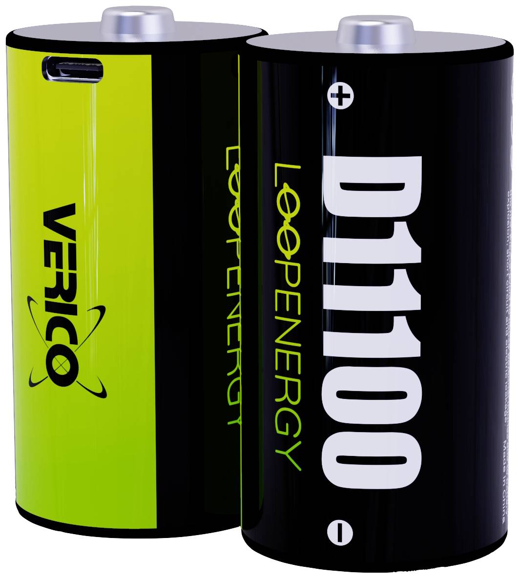 Twee batterijen met rechtopstaande tekst. Links: Geel met "VERICO". Rechts: Zwart met witte "D11100" en groene "LOOPENERGY".