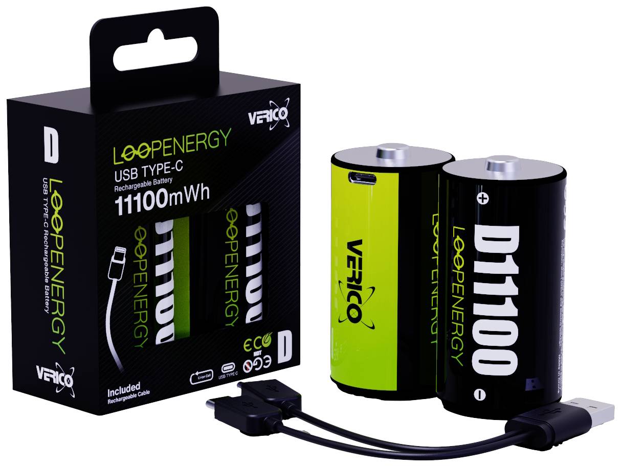Twee oplaadbare D-type batterij-imitaties met USB-C-aansluiting en een oplader van 'Leopenergy'. Capaciteit 11100 mWh.