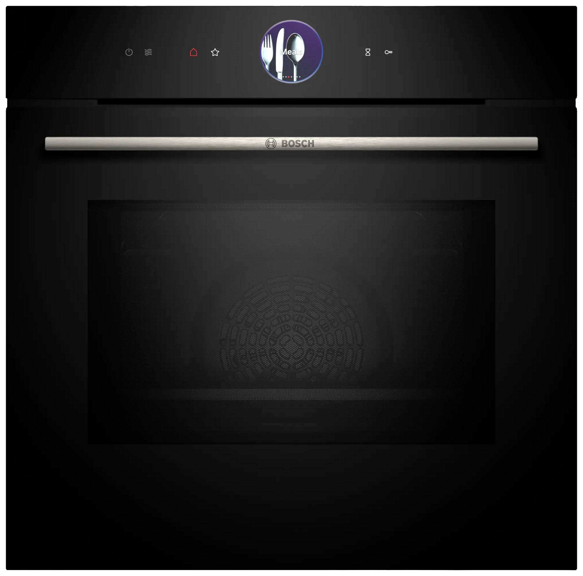Een zwarte oven met een roestvrijstalen handgreep. Bovenaan bevindt zich een digitaal display met symbolen, eronder bestek.