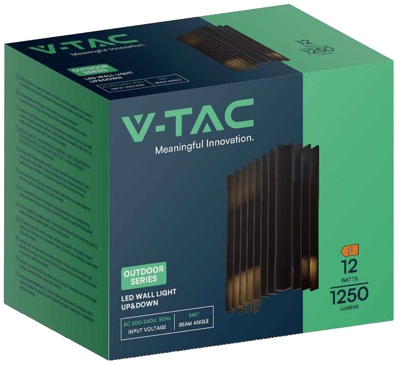 'V-TAC LED Wandlamp, Outdoor-serie, 12 Watt, 1250 Lumen, zwart, energiezuinig.'