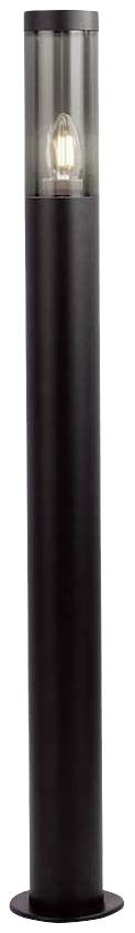 Een eenvoudige, hoge zwarte buitenlamp met een transparant bovendeel dat een gloeilamp onthult. Geschikt voor tuin- of padverlichting.