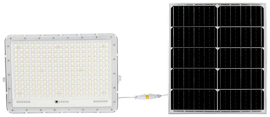 Led-schijnwerper links naast een zonnepaneel rechts, verbonden door een kabel. Geschikt voor milieuvriendelijke buitenverlichting.