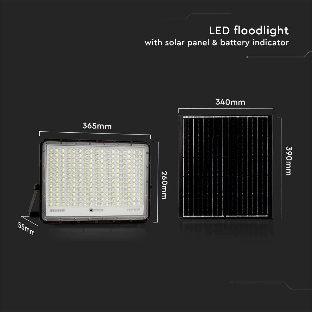 'LED-schijnwerper met zonnepaneel en batterijstatusindicator, afmetingen: schijnwerper 365x260x55mm, zonnepaneel 340x390mm.'