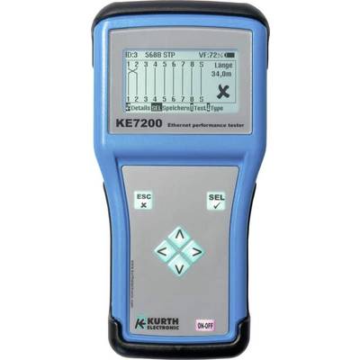 Een blauw-grijze Ethernet-tester met display toont netwerkdiagram en meetwaarden. Toetsenveld daaronder voor bediening.
