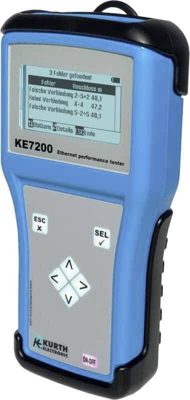 Blauw KE7200-apparaat voor het meten van de prestaties van Ethernet-verbindingen met een display voor foutdetectie en verbindingsdetails.