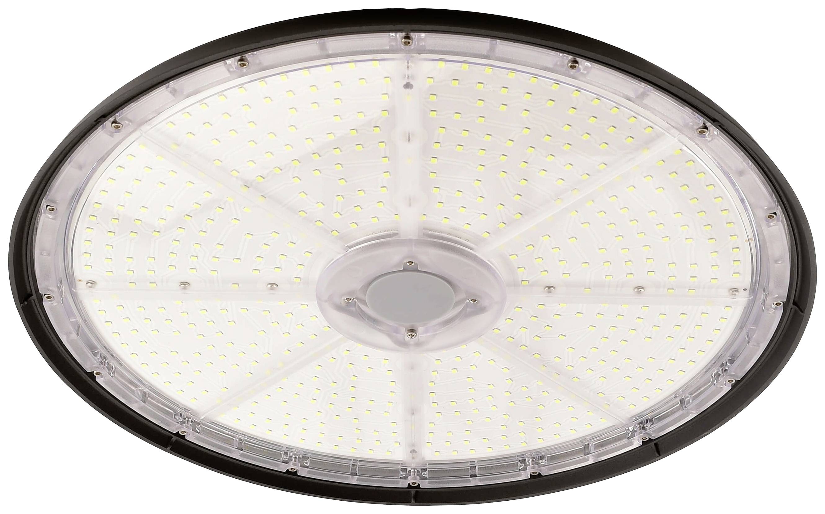 Ronde, platte LED-plafondlamp met talrijke kleine lampjes, geschikt voor grootschalige verlichting.