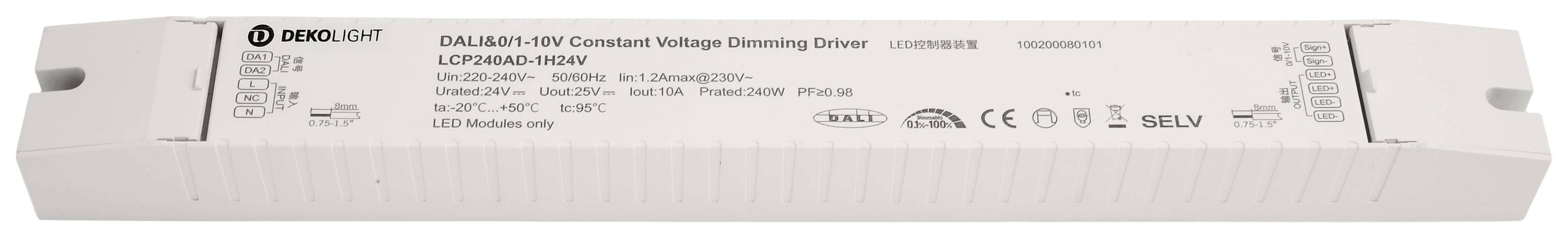 Een rechthoekige LED-driver voor constante spanning met dimfunctie van BEKO, model DALI-80. Zijaanzicht, witte kleur.