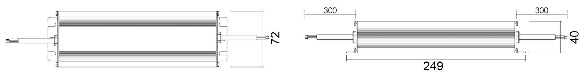 Technische tekening van een cilindrisch object met afmetingen: lengte 249 mm, diameter 72 mm, hoogte 40 mm.