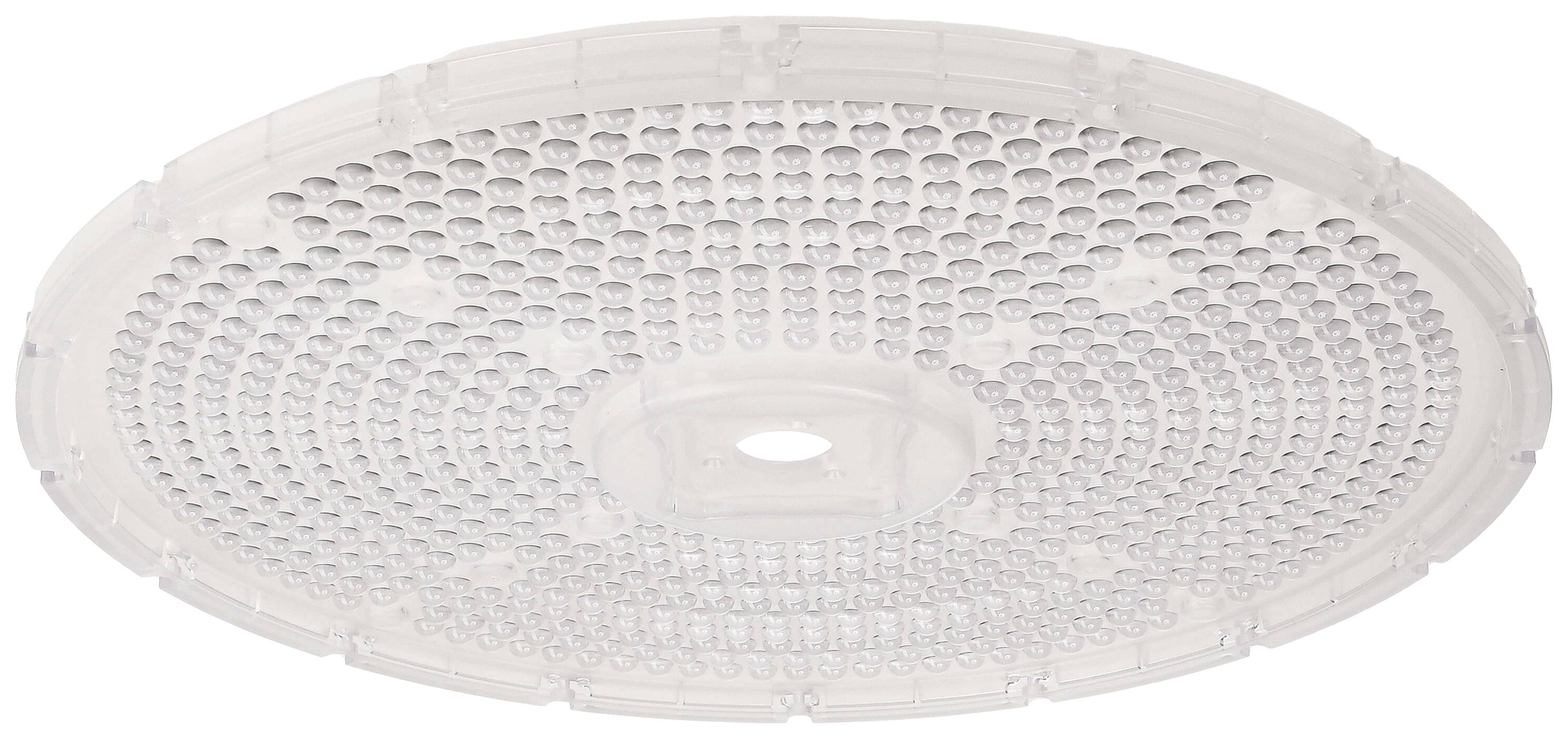 Een ronde, platte plafondlamp met talrijke kleine, gelijkmatig verdeelde lenzen op het oppervlak.