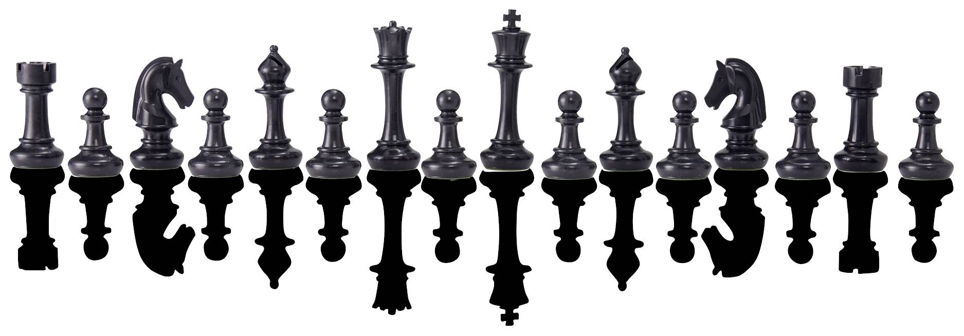 Een rij schaakstukken, waaronder koningen, koninginnen, torens, lopers, paarden en pionnen, in symmetrische opstelling.