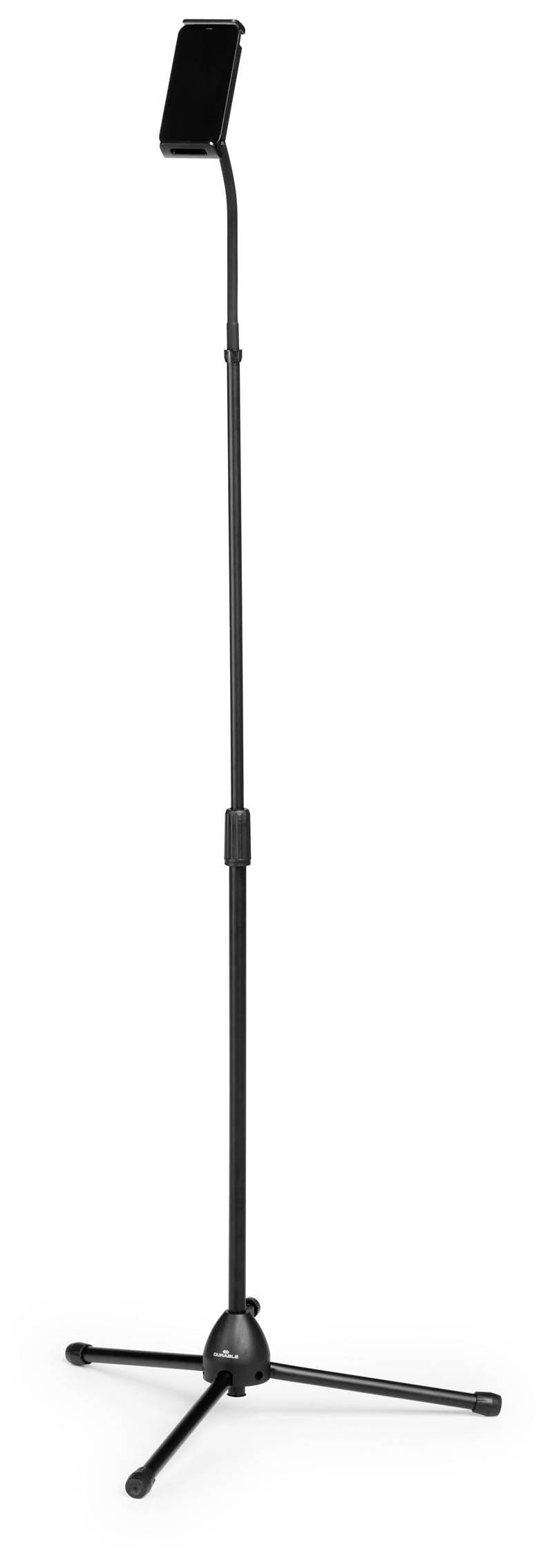 Een zwarte standaard met drie poten en een houder bovenaan. Ideaal voor het op ooghoogte plaatsen van apparaten zoals smartphones of tablets.