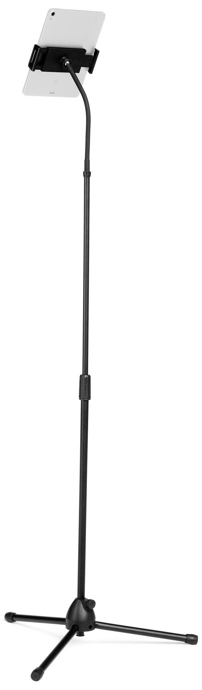 Een zwarte standaard met een houder die een tablet vasthoudt. De standaard heeft drie poten en een flexibele nek voor hoogteregeling.