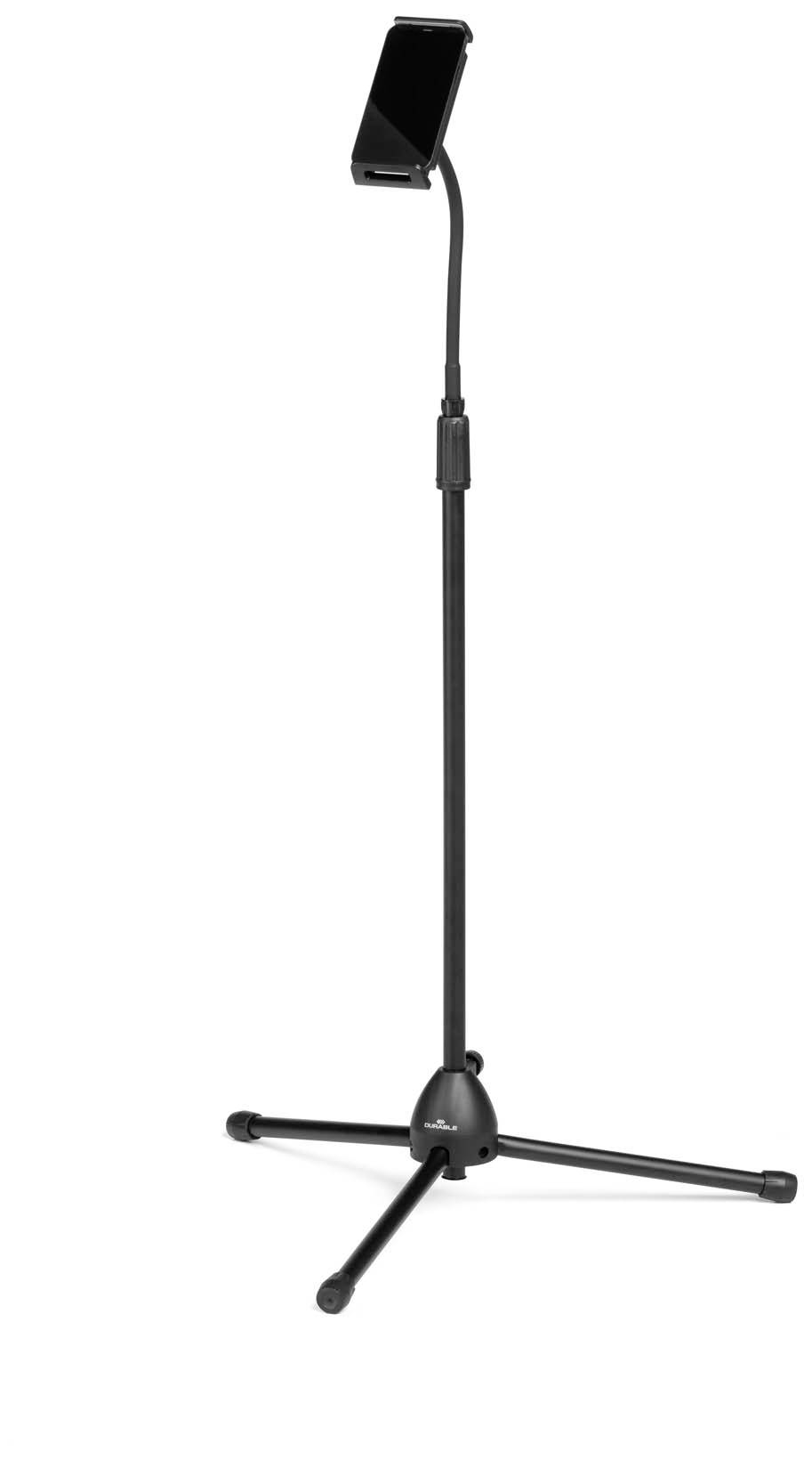 Zwarte verstelbare standaard met houder voor een smartphone, staand op een driepootvoet. Ideaal voor handsfree gebruik.
