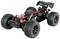 Afstandsbediende auto-chassis met grove profielband en rode ophanging, zonder carrosserie, op witte achtergrond.
