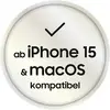 'Compatibel met iPhone 15 & macOS' staat op een rond, zilverkleurig badge met een vinkje bovenaan.