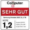 De afbeelding toont het CHIP-testoordeel 'zeer goed (1,1)' voor de Samsung T9 2TB SSD, getest in oktober 2023. 'Onafhankelijke tests sinds 1978'.