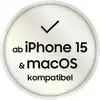 "Compatibel met iPhone 15 & macOS" staat in een cirkel met een vinkje erboven.
