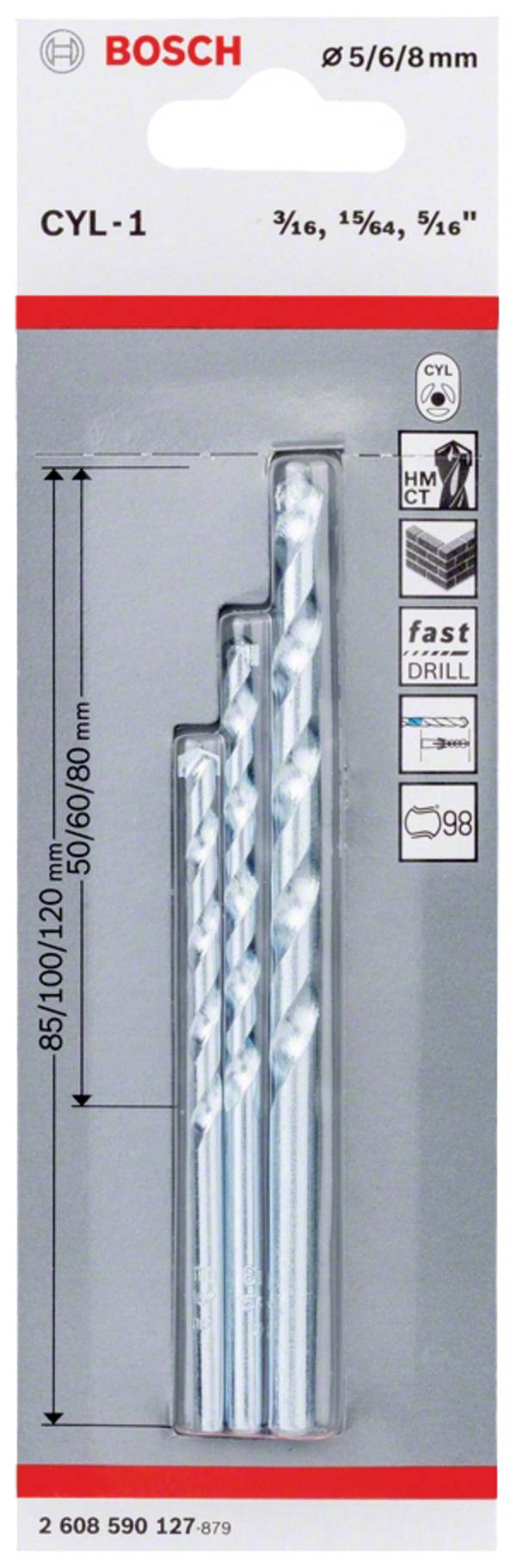 Bosch Accessories CYL-1 2608590127 Carbide  Steen-spiraalboorset 3-delig 5 mm, 6 mm, 8 mm  Cilinderschacht 1 set(s)