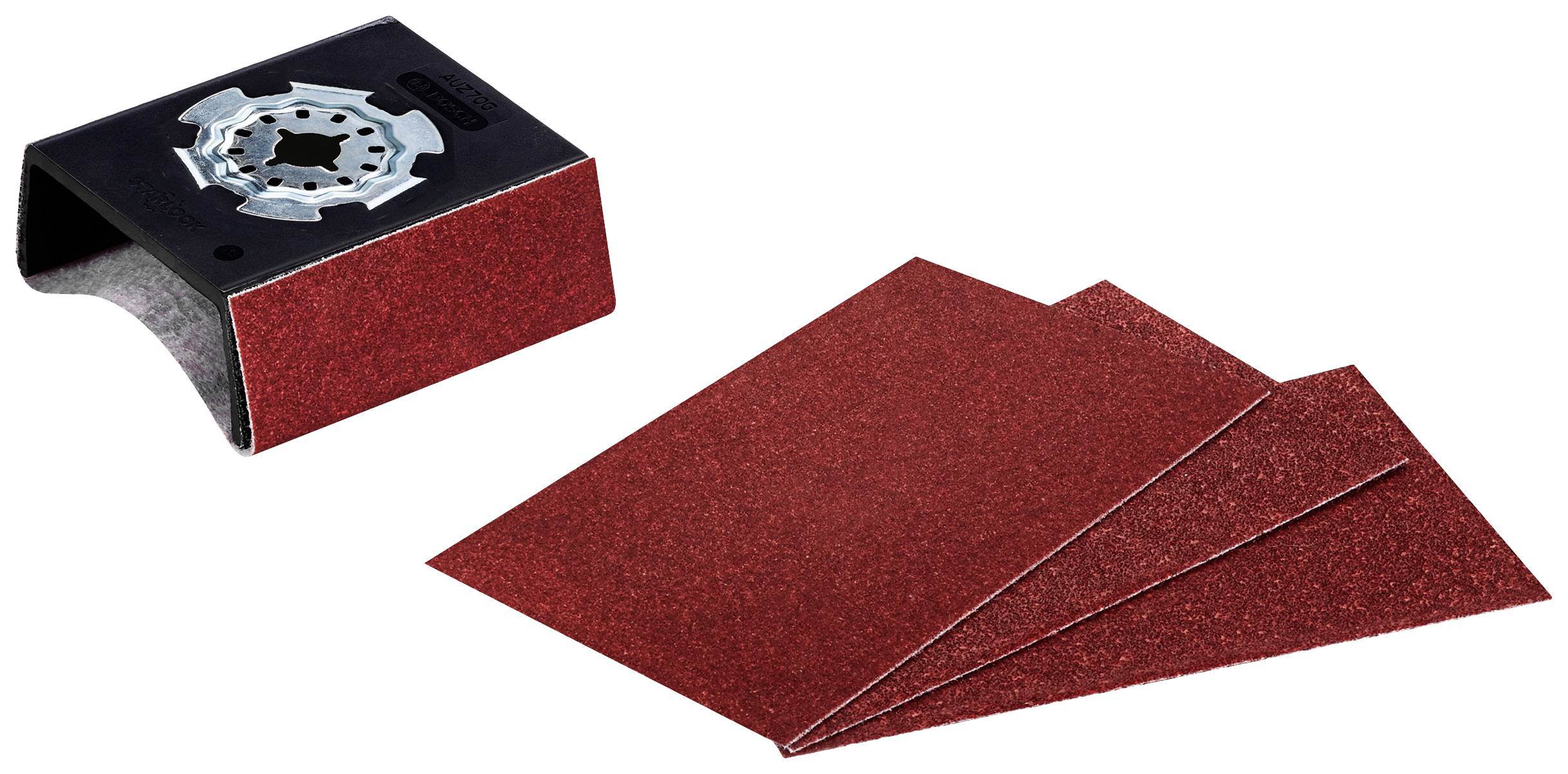 Rood schuurpapier en schuurblok. Accessoires voor schuurwerkzaamheden, toont twee vellen en een rechthoekige blok met opzetstuk.