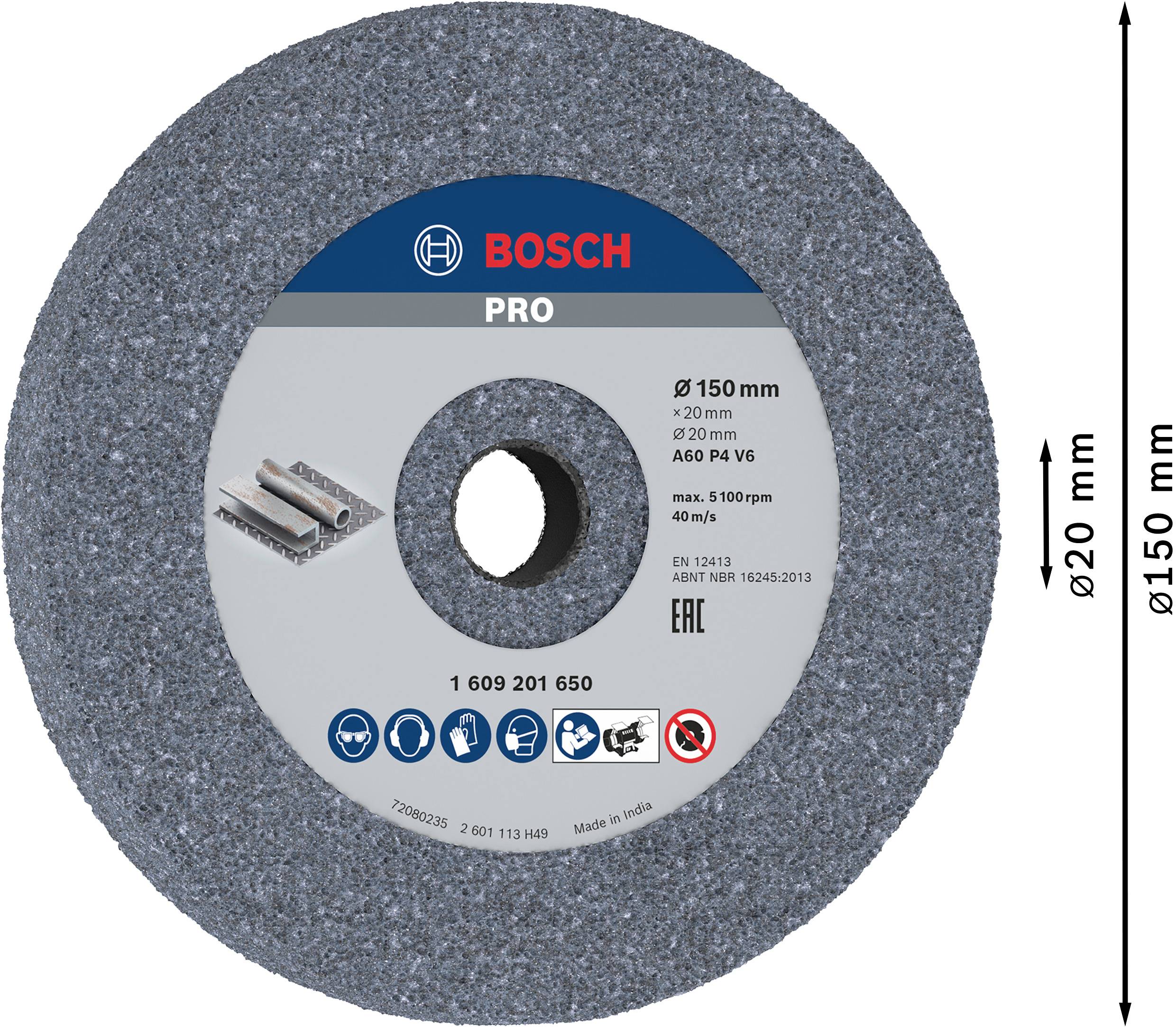 Slijpschijf van Bosch Pro, Ø150 mm, boring Ø20 mm, A60 P4 V6, voor metaalbewerking, modelnummer 1 609 201 650.