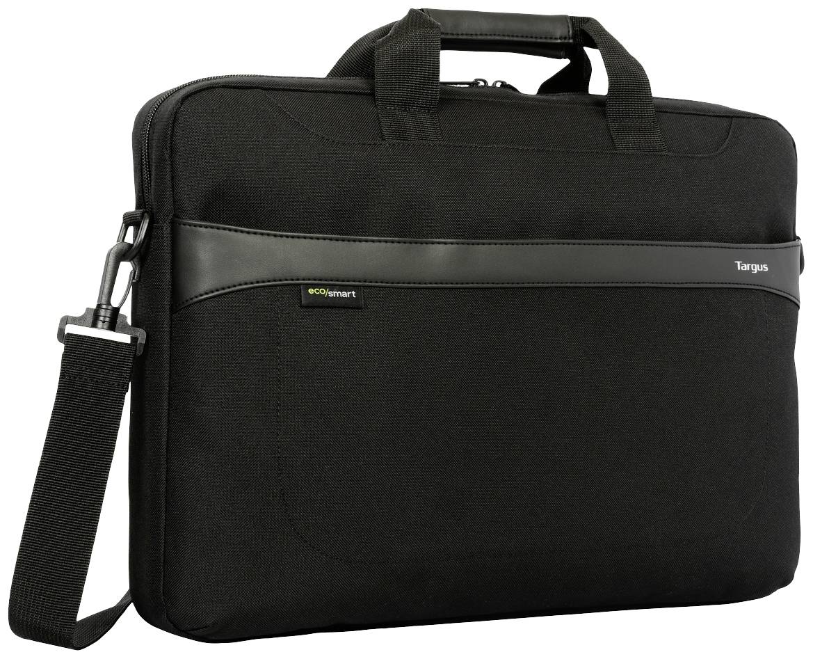 Een zwarte laptoptas met schouderband en handgrepen. Hij heeft een strak, minimalistisch design met een klein logo op de voorkant.