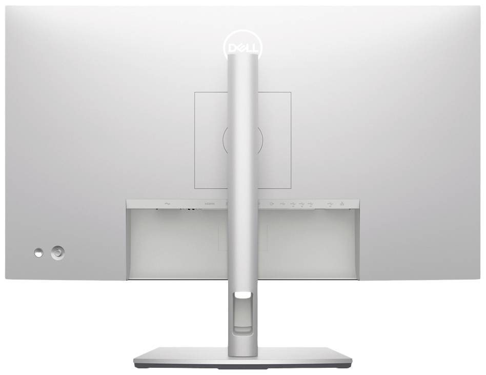 Achteraanzicht van een zilveren Dell-monitor op een standaard.