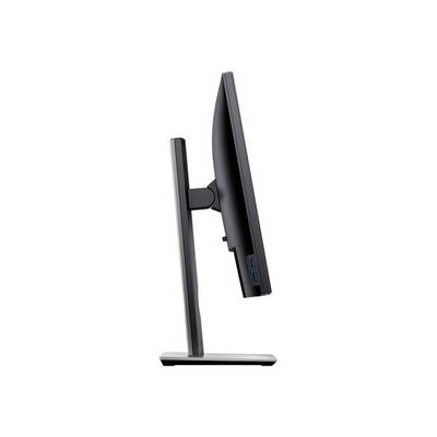 Zijaanzicht van een computermonitor met een slanke vormgeving, gemonteerd op een in hoogte verstelbare standaard.