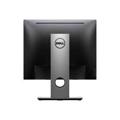 Achterzijde van een Dell-computerscherm met een stevig statief en een opvallend logo in het midden. Het scherm is uitgeschakeld.