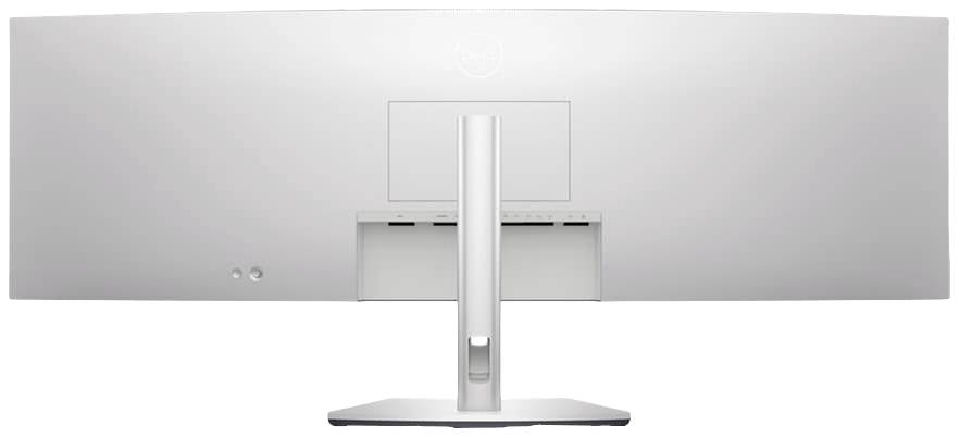 Een brede computermonitor staat op een bureau. Het design is strak en modern, met een slanke voet.