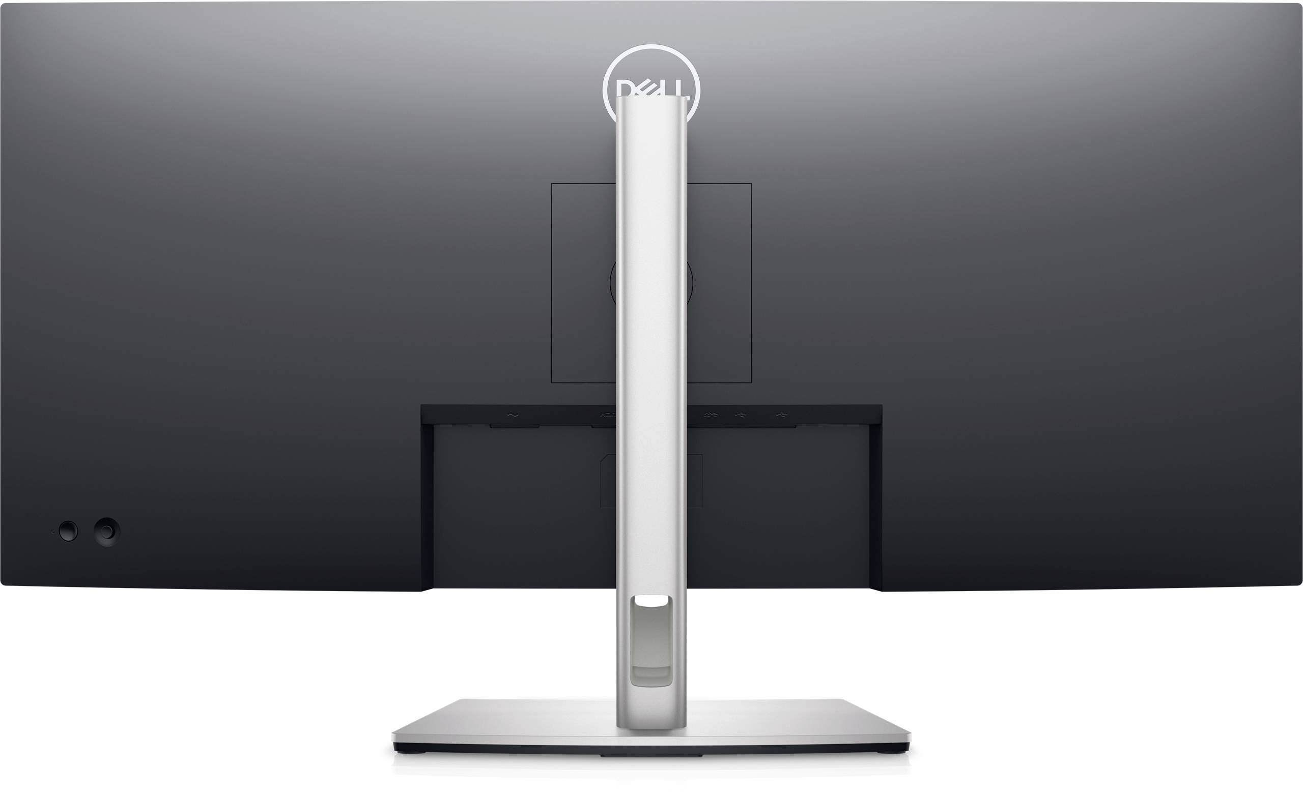 Een moderne computerscherm van achteren, met een slanke zilveren standaard en een zwarte achterkant, Dell-logo bovenaan zichtbaar.