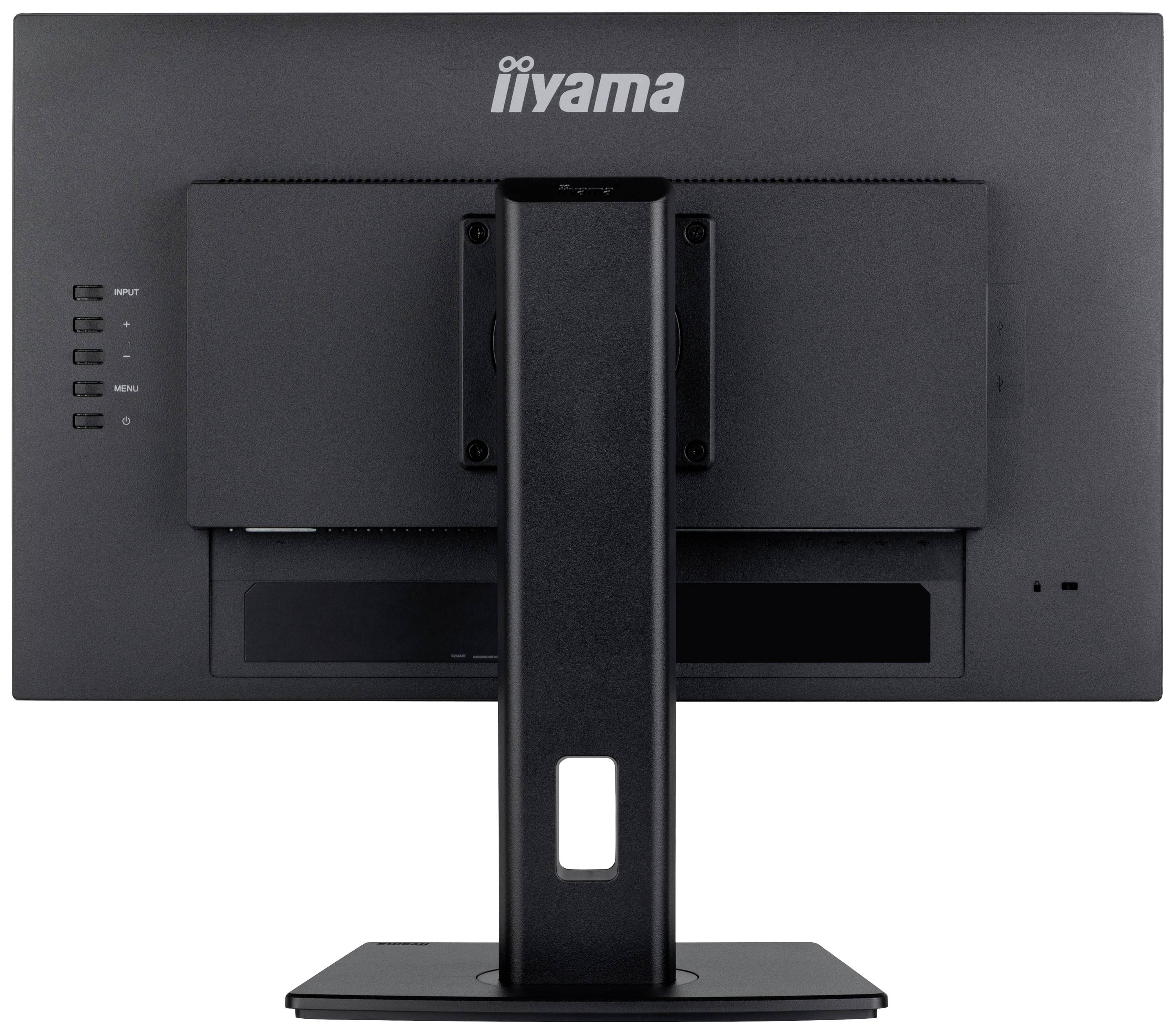 Achterzijde van een computerscherm op een standaard, merk iiyama. De monitor toont geen schermweergave.