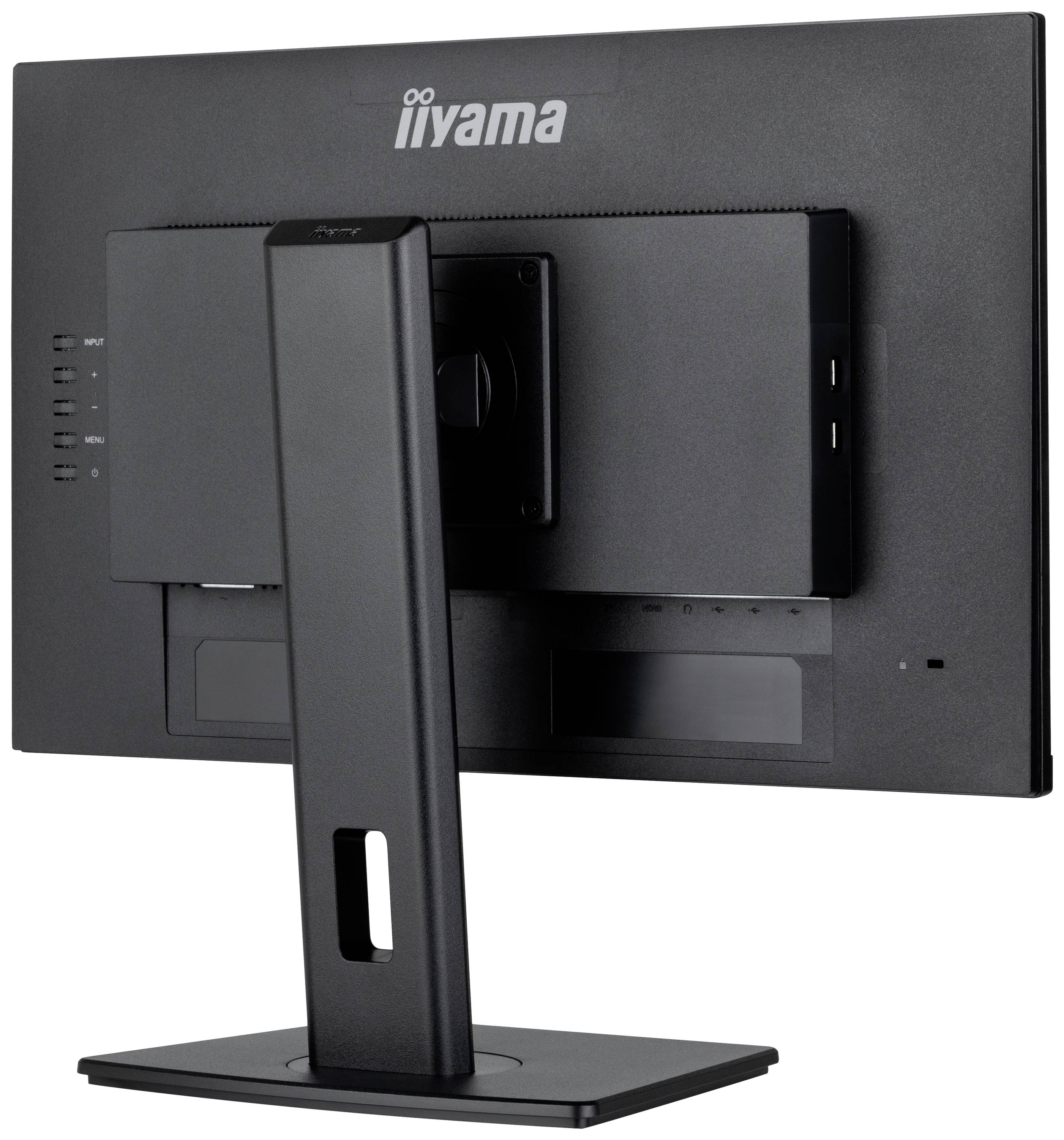 Een zwarte computermonitor van Iiyama, gezien van achteren. Het scherm is gemonteerd op een rechthoekige voet.