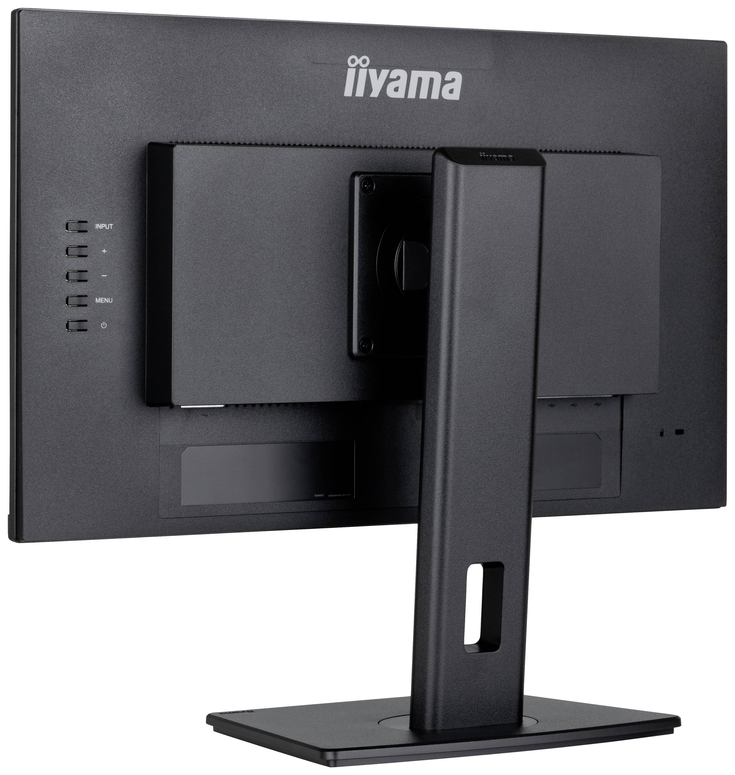 Achteraanzicht van een zwarte computermonitor op een standaard, met bedieningselementen aan de zijkant en het merkenlogo bovenaan.