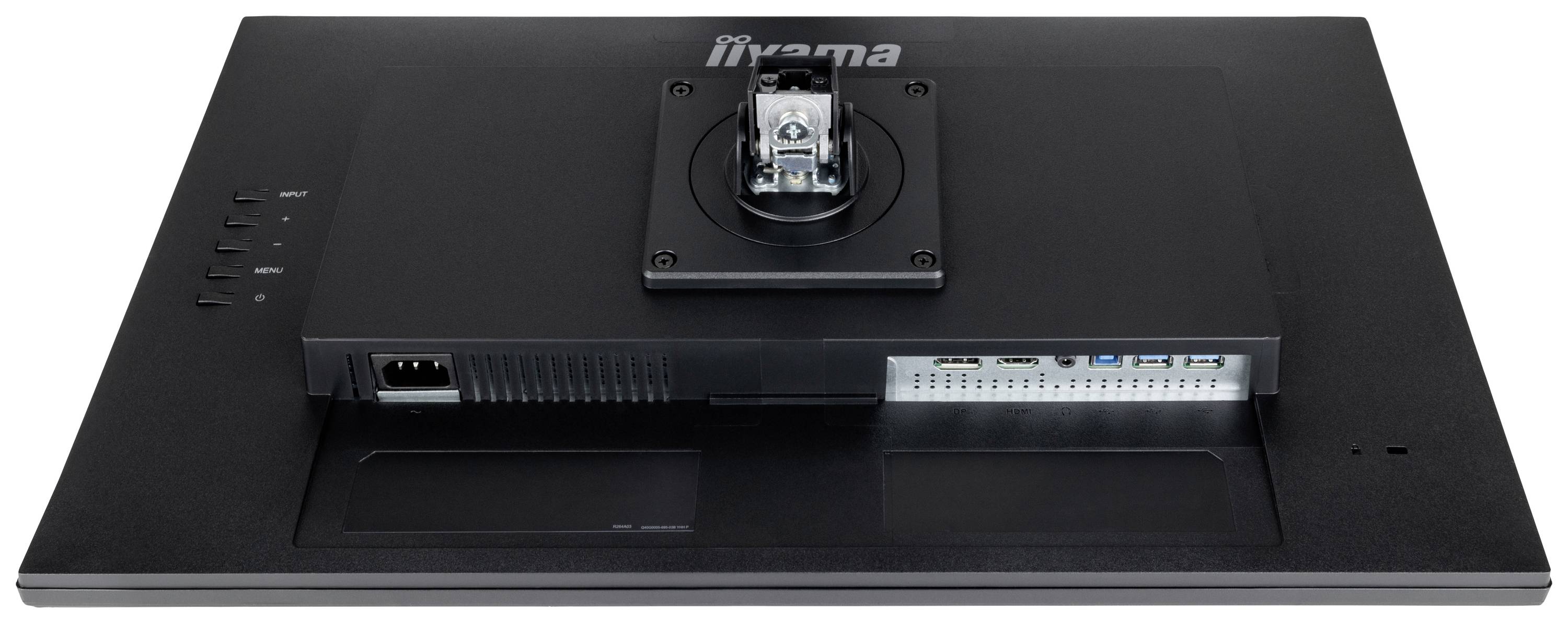 Een zwarte computermonitor van achteren gezien met zichtbare aansluitingen en een montagearm in het midden.