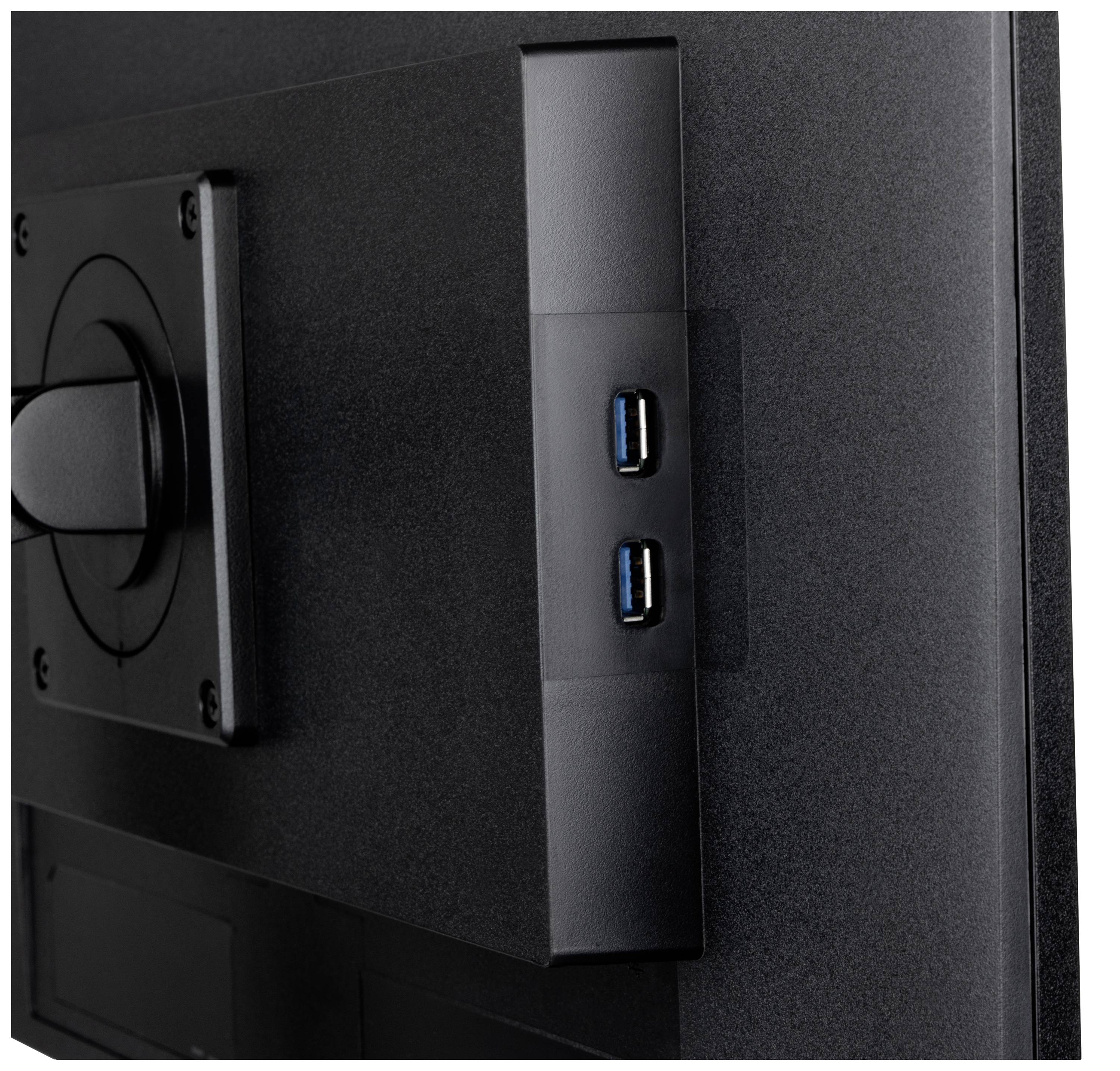 De achterkant van een monitor met twee USB-poorten.