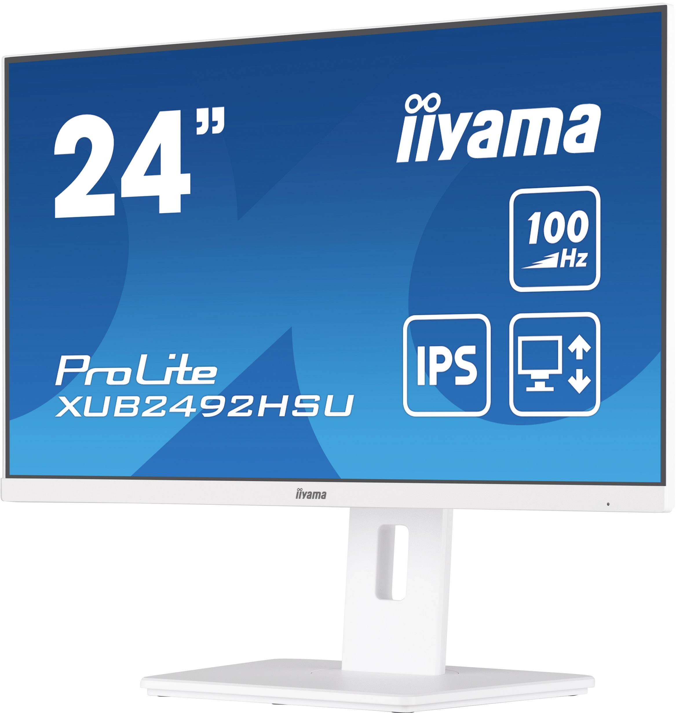 '24"-monitor van iiyama, model ProLite XUB2492HSU. Kenmerken: 100 Hz verversingssnelheid, IPS-paneltype, ergonomische standaard.'