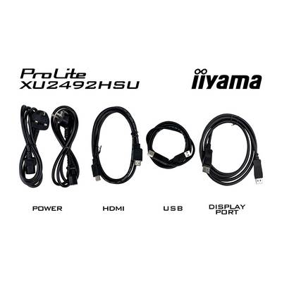 Vier kabels zijn naast elkaar afgebeeld, met labels: 'POWER', 'HDMI', 'USB' en 'DISPLAY PORT'. Linksboven staat 'ProLite XU2492HSU', rechtsboven 'iiyama'.